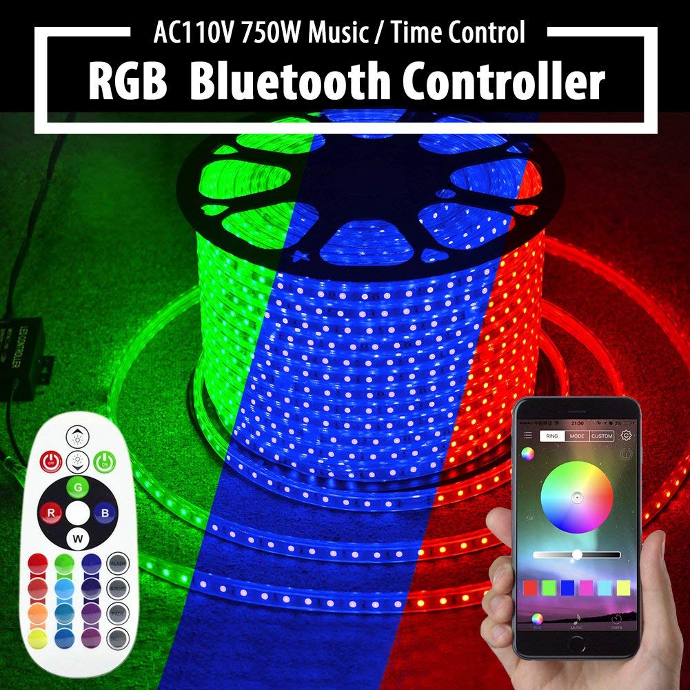 AC110/220V 750/1500W, PWM LED Bluetooth Music Time RGB Wireless IR 24 keys Infrared Remote Controller, For 164 or 328Ft RGB 5050 High Voltage led strip lights